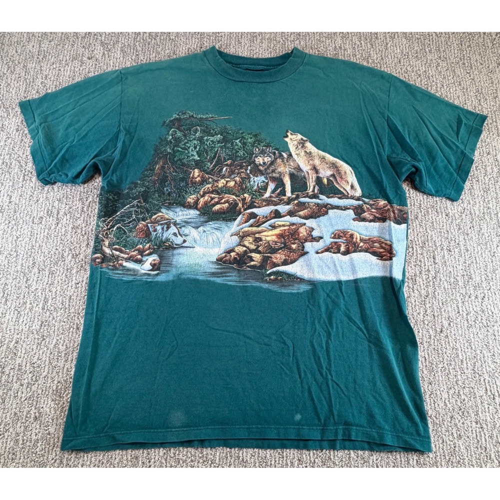 Habitat Wolf Nature Graphic T-Shirt Mens XL Teal Green Vintage Made in USA